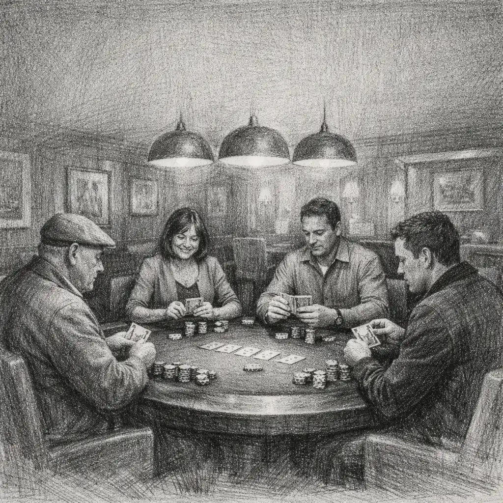 Relaxed card lounge at Crown & Willoww with low tables, comfortable seating, and guests playing cards in a social setting