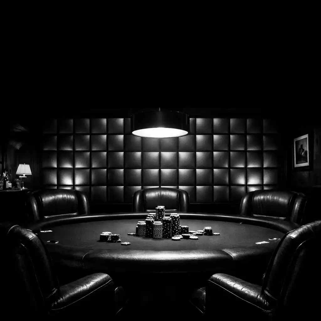 Card lounge interior with a poker table, leather chairs, and poker chips arranged as props