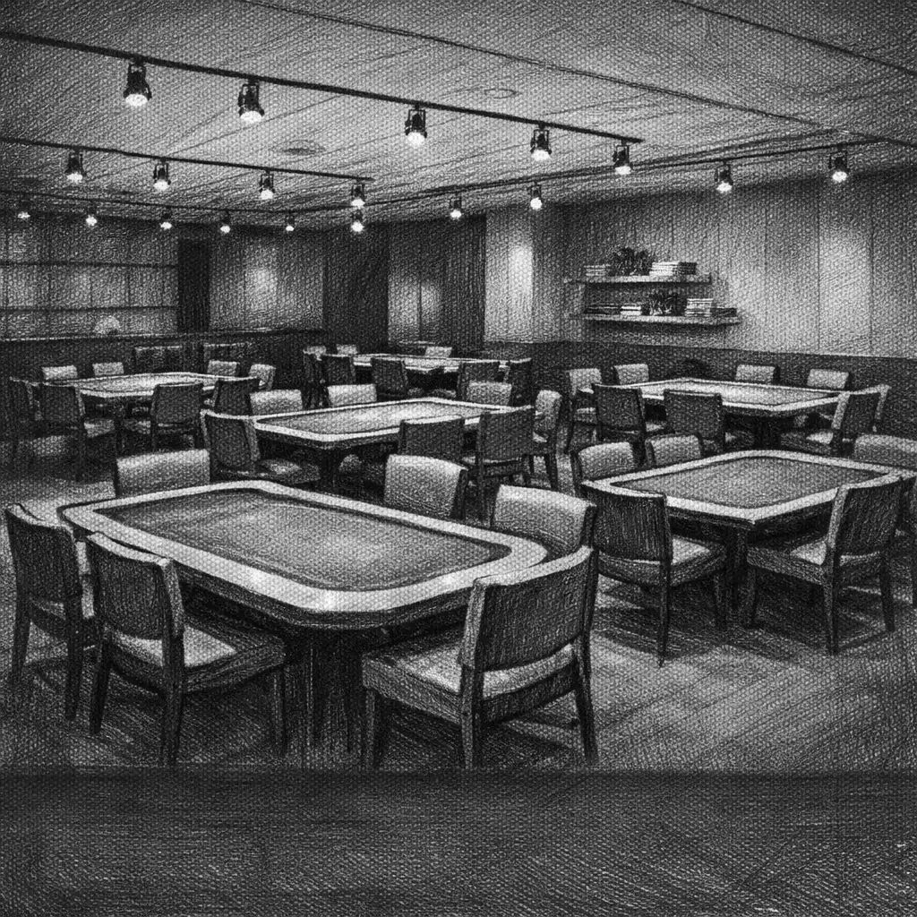 High-contrast black-and-white photograph of the Crown & Willoww card lounge with rectangular poker tables and precise overhead lighting