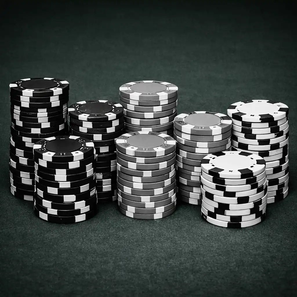 Close-up of neat poker chip stacks arranged as table props on dark green felt