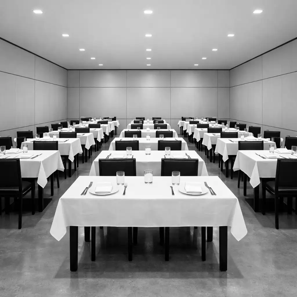 High-contrast desaturated view of the Crown & Willoww dining room with grid-aligned tables, white linens, and cool even lighting