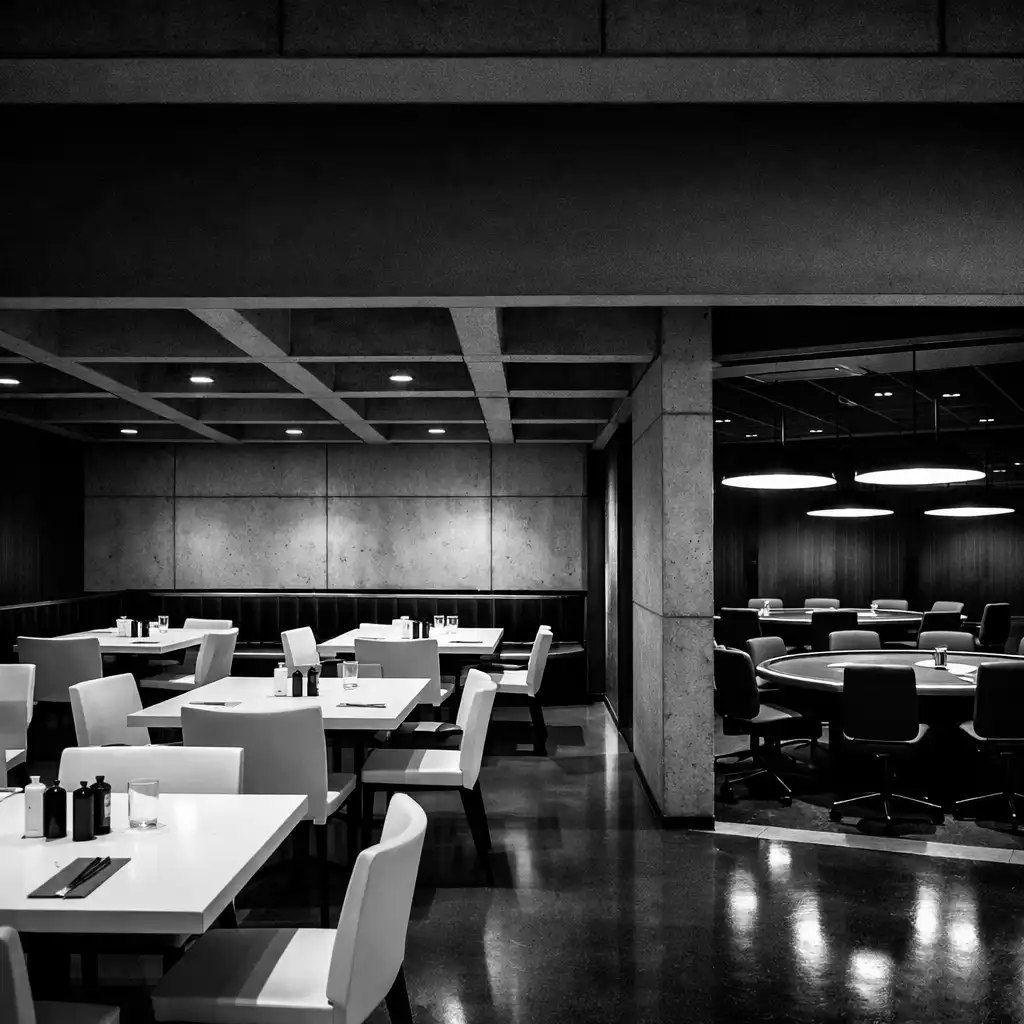 High-contrast view of the Crown & Willoww dining room with poker tables visible in the background