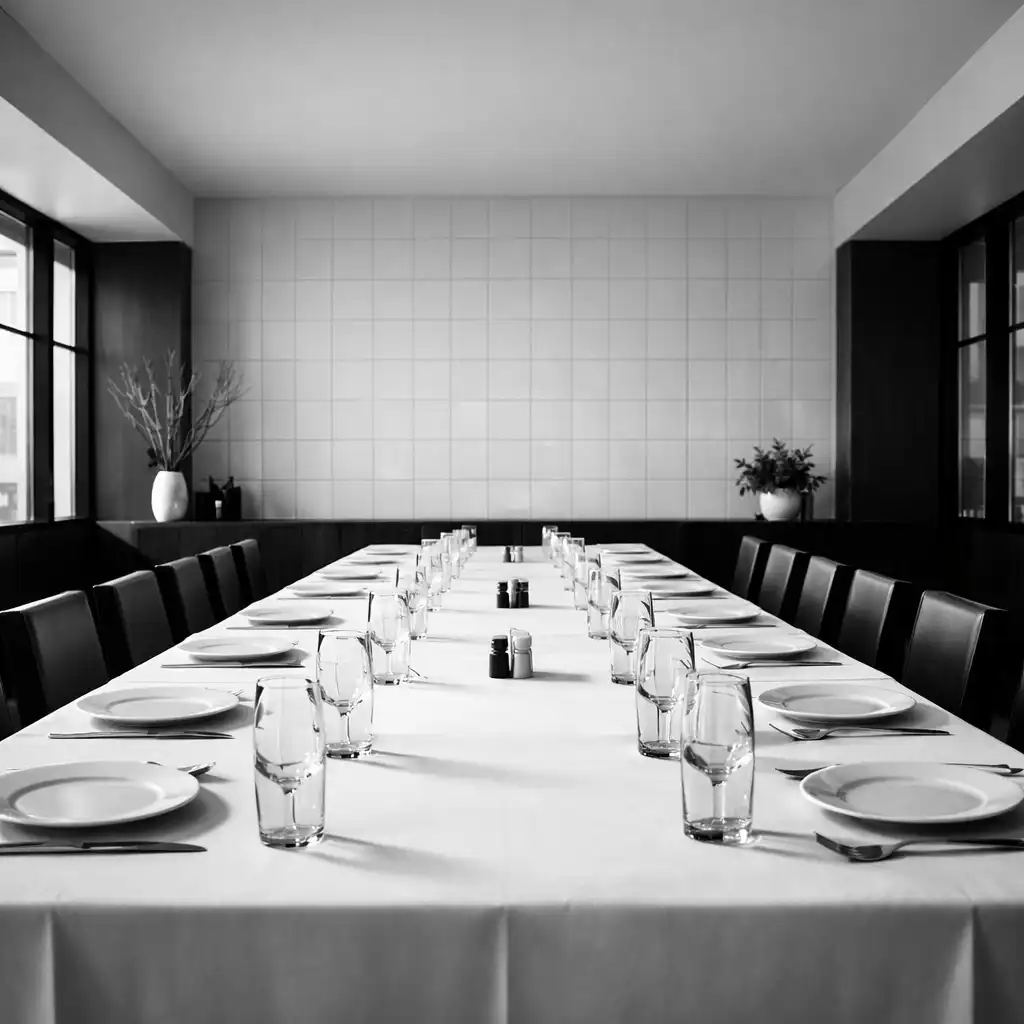 High-contrast dining room at Crown and Willoww with a long communal table set with white plates and glassware