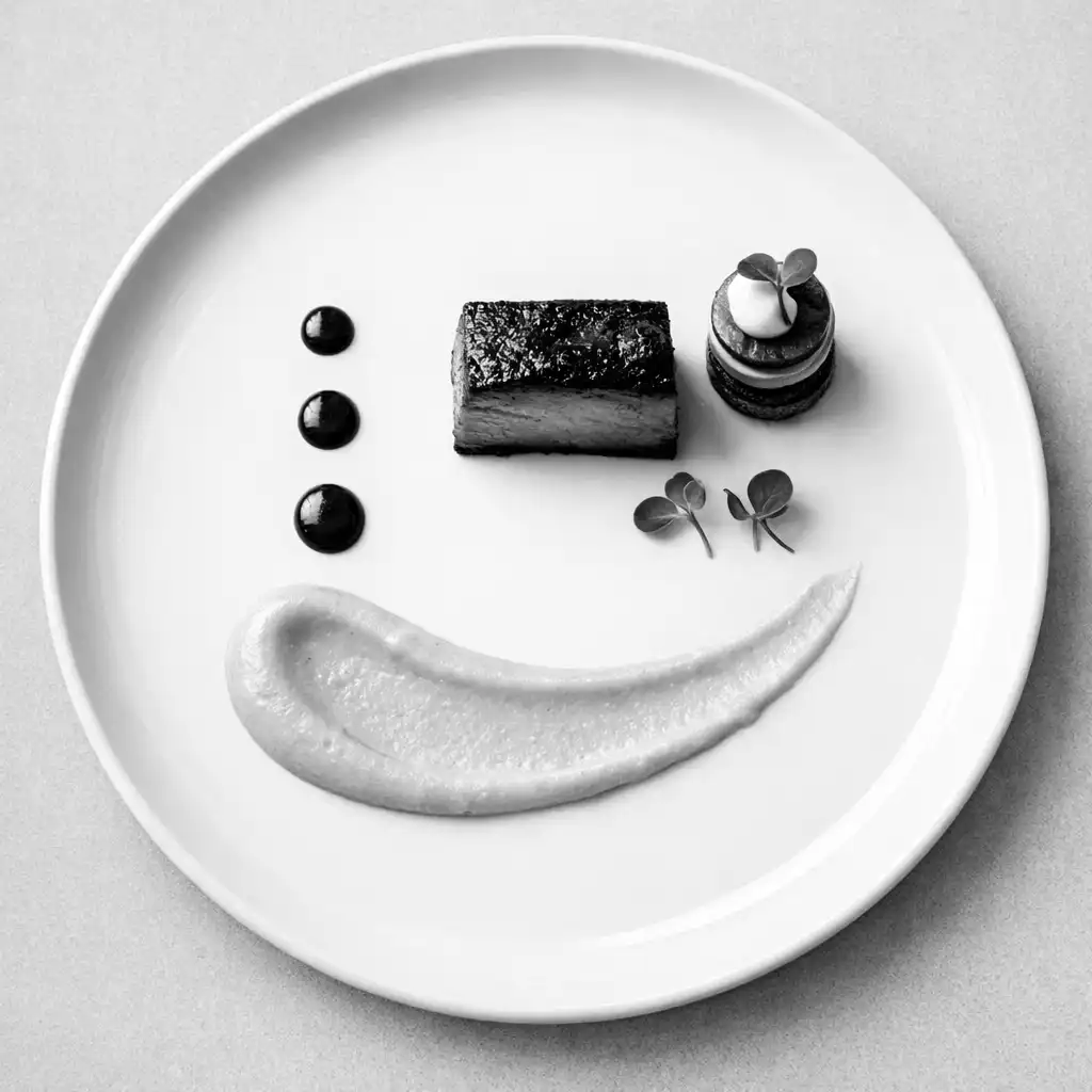 Overhead view of a geometrically plated dish on a white plate with meat, puree, and microgreens