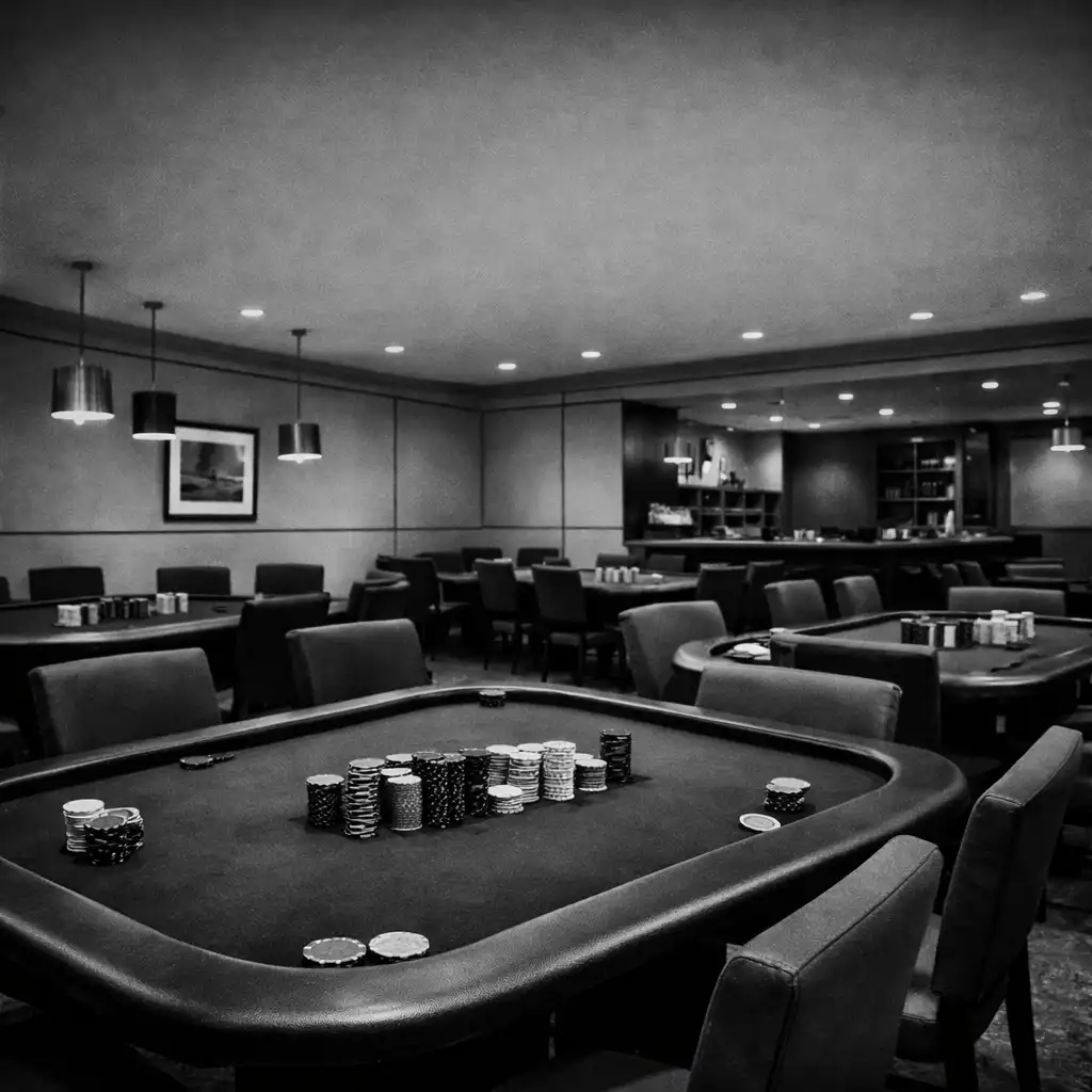 Overview of the Crown & Willoww poker lounge with several rectangular card tables, chairs, and chip stacks used as props