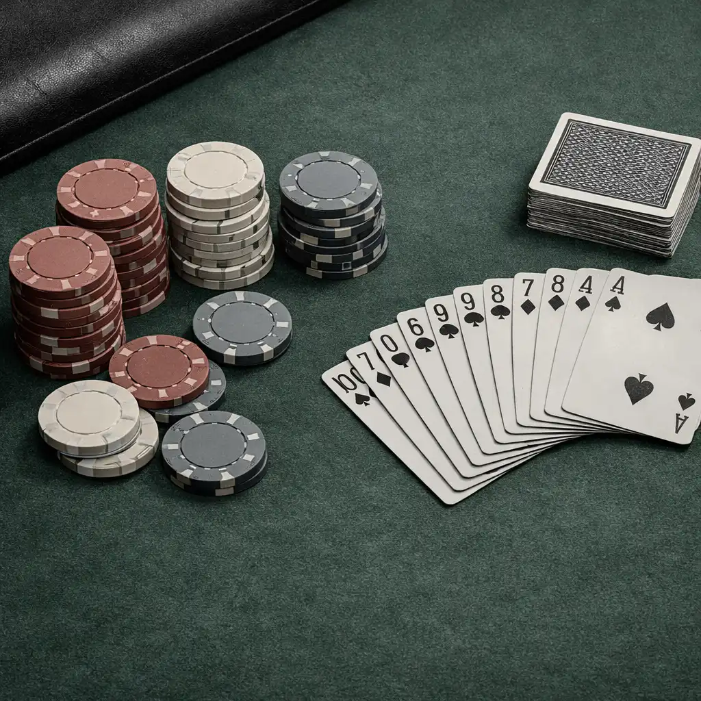 Overhead view of a poker table with clay chips and a deck of cards