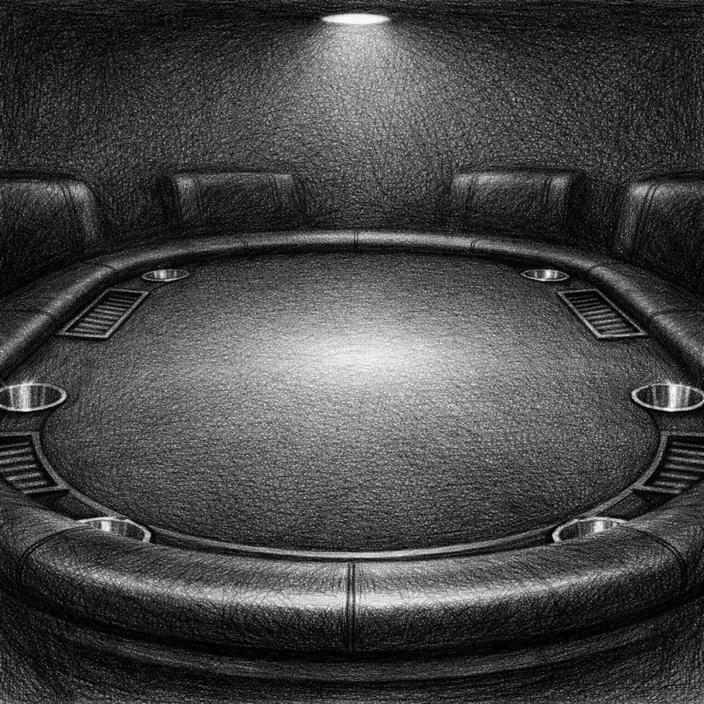 Close-up of a full-size oval poker table with deep green felt, padded black rail, cup holders, and focused overhead lighting