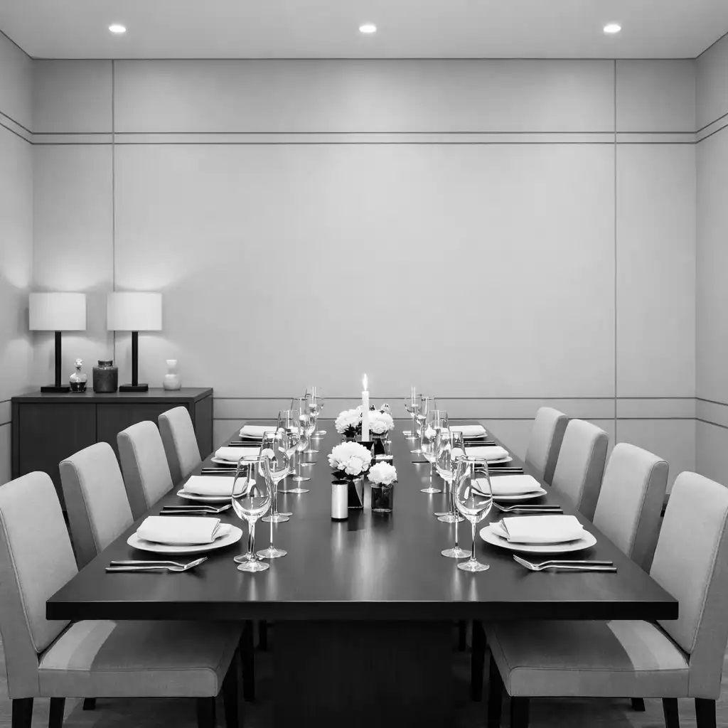 Private dining room at Crown & Willoww with a single rectangular table set for a group, chairs, and a sideboard