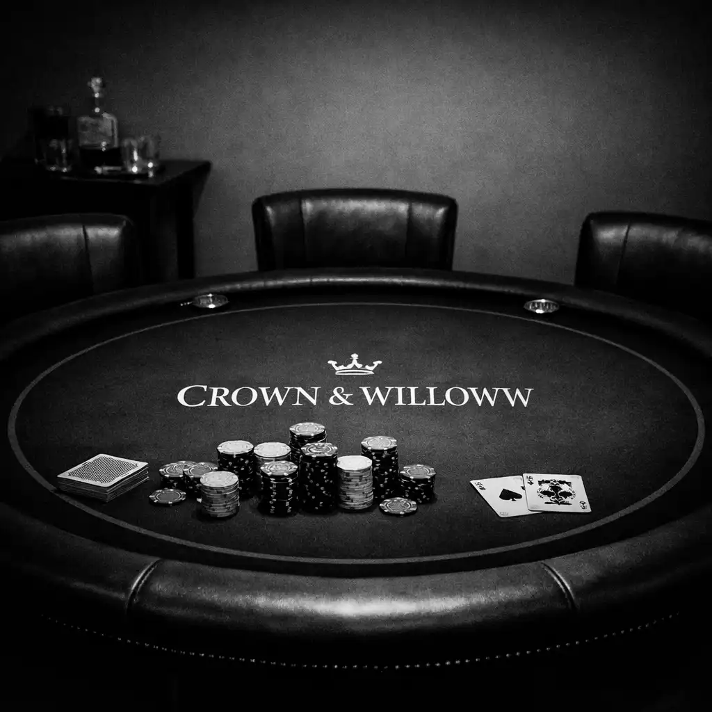 Private poker table with dark green felt, chairs, and chip stacks as props in a small well-lit room