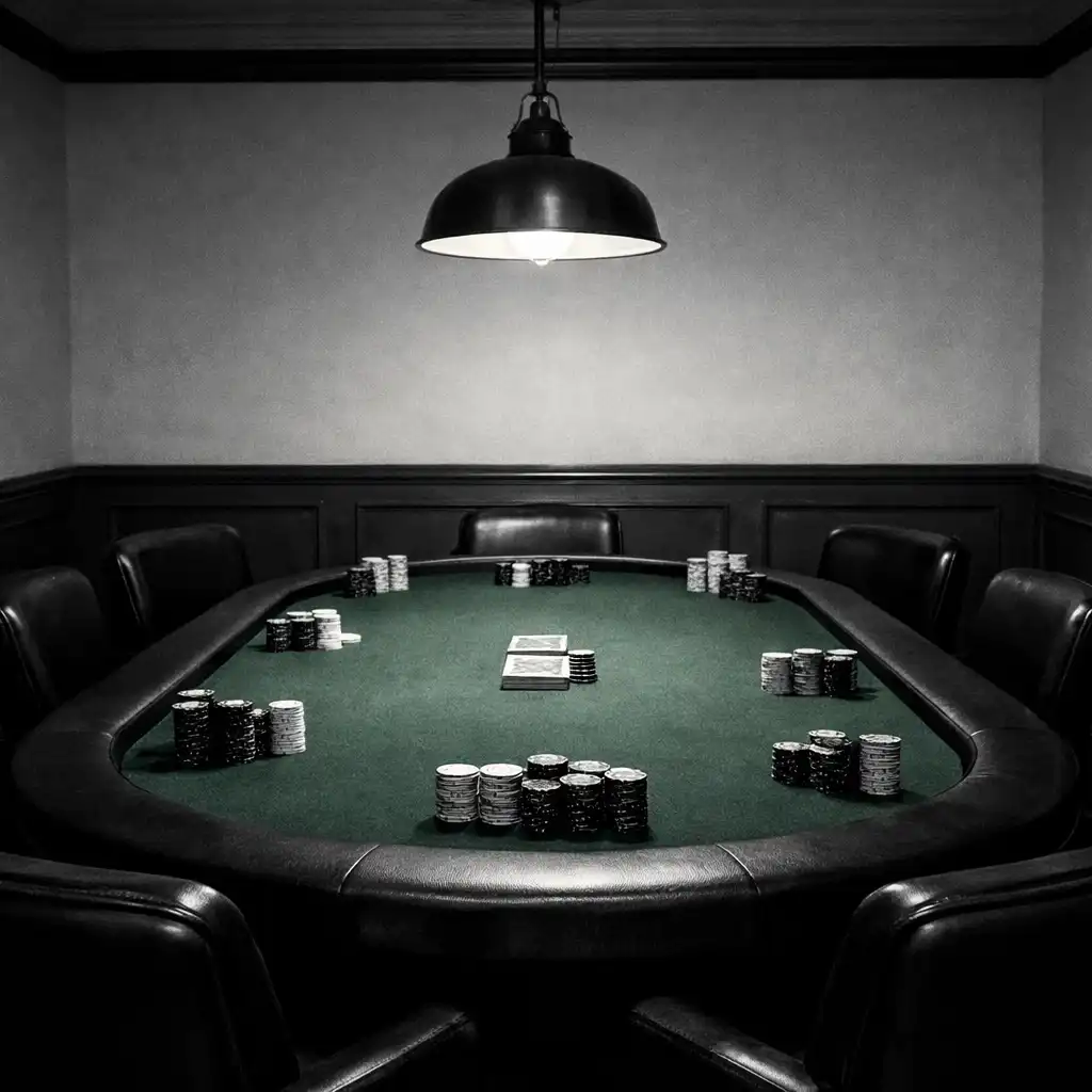 Card lounge with a long poker table, green felt, and chips arranged as table props