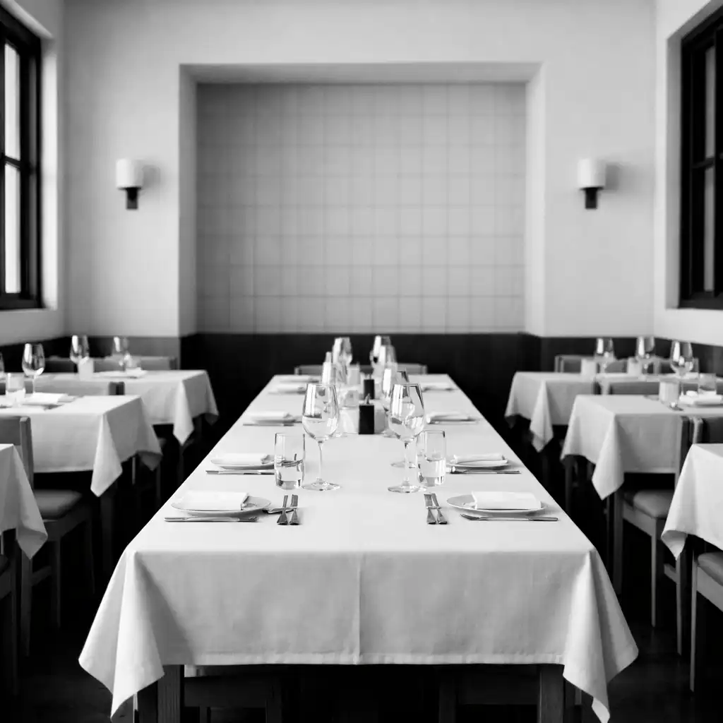 Main dining room at Crown & Willoww with white walls, graphite-framed windows, and simple wooden tables
