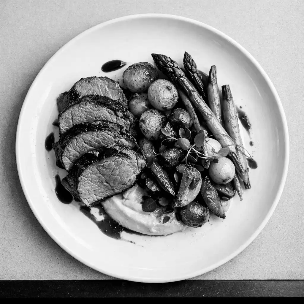 Plated Australian dish with roasted lamb and seasonal vegetables on a white ceramic plate