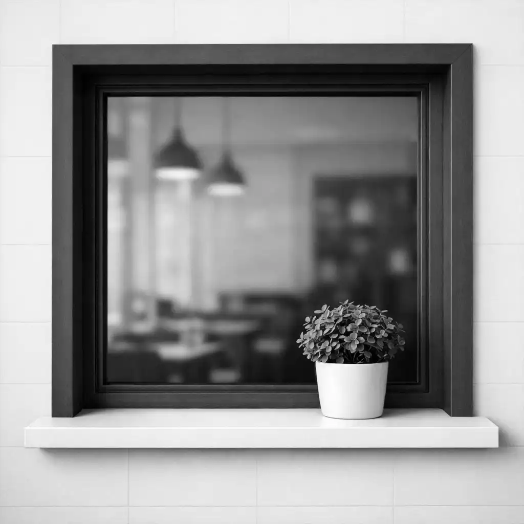Graphite-framed window with a small potted plant on a white sill in the restaurant interior