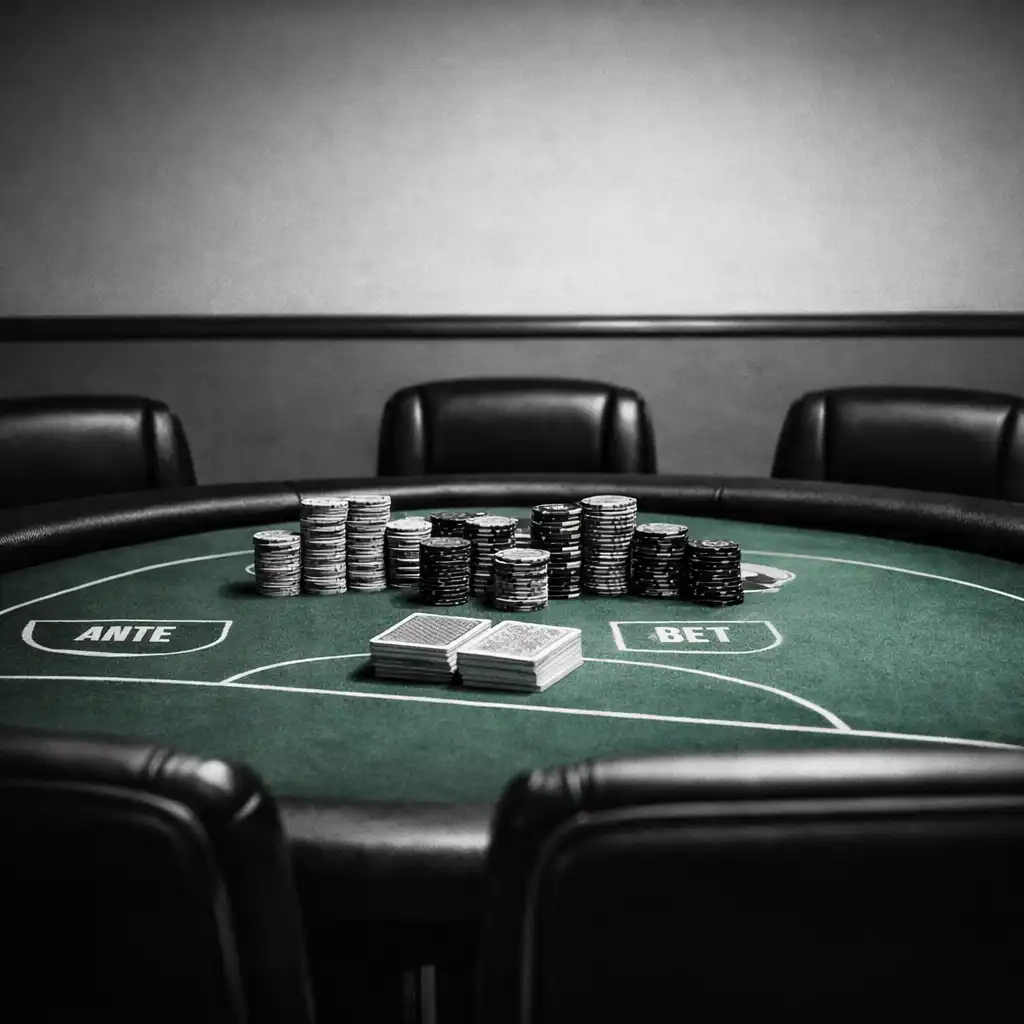Poker table with green felt surface and chips stacked in neat rows in the card lounge