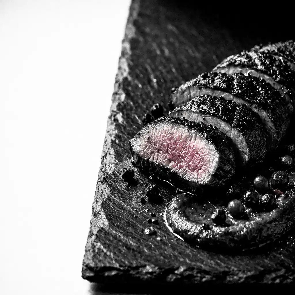 Charred kangaroo loin with beetroot puree and native pepperberries on a slate plate