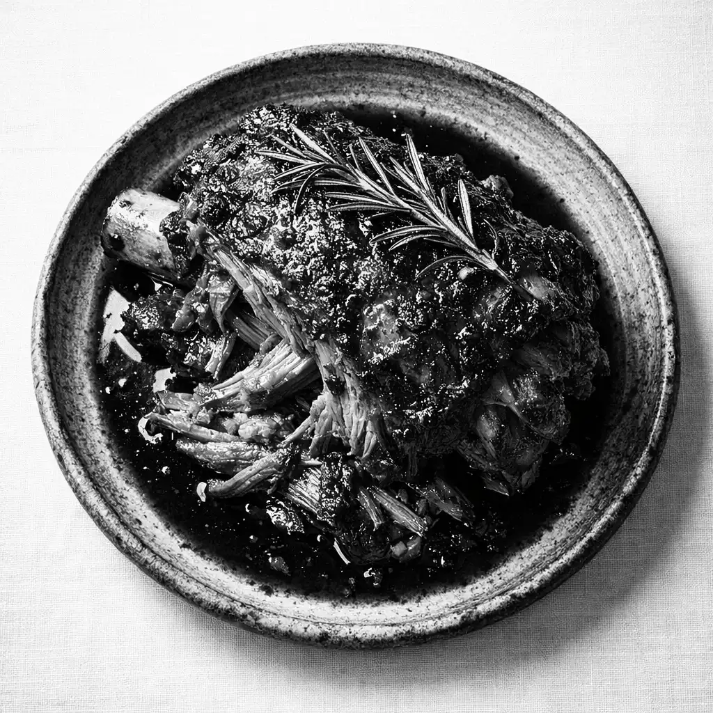 Slow-roasted lamb shoulder with rosemary jus on a ceramic plate