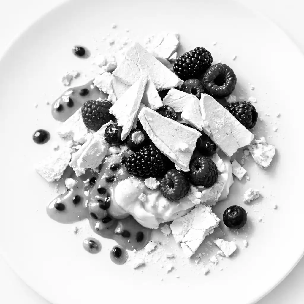 Deconstructed pavlova with meringue shards, passionfruit curd, and fresh berries