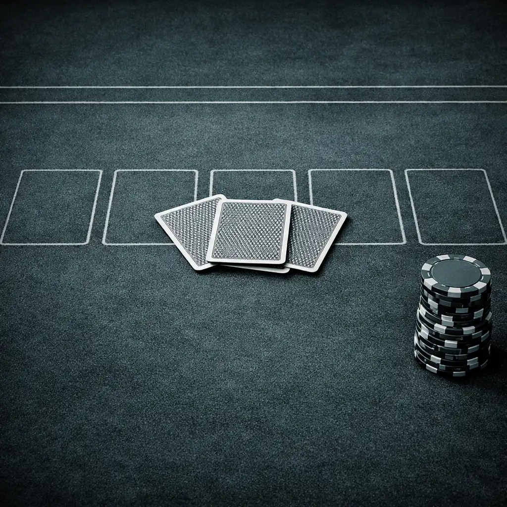Close-up of a dark green poker table surface with card placement outlines and a few face-down playing cards